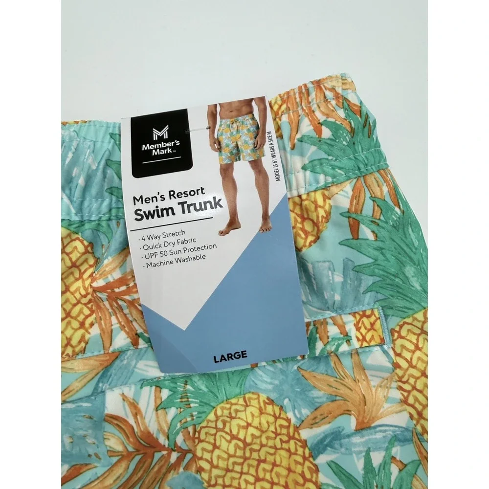 NWT Member's Mark Men's Resort Swim Trunks Pineapple Print Size Large UPF 50